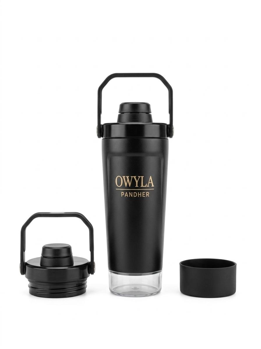 20oz Stainless Steel Protein Shaker Bottle – 3-in-1 Bundle with Extra Lid & Silicone Boot – Leak-Proof Sport Shaker Cup, Hot 12H / Cold 24H, Gym & Outdoor Fitness Water Bottle (BLACK)
