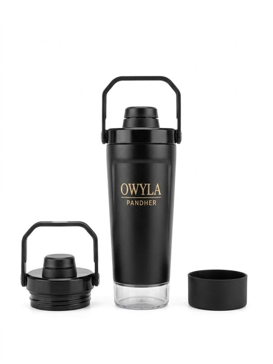 20oz Stainless Steel Protein Shaker Bottle – 3-in-1 Bundle with Extra Lid & Silicone Boot – Leak-Proof Sport Shaker Cup, Hot 12H / Cold 24H, Gym & Outdoor Fitness Water Bottle (BLACK)